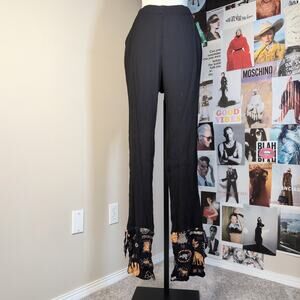 Black Crinkle Pants With Elephant Print Cuffs